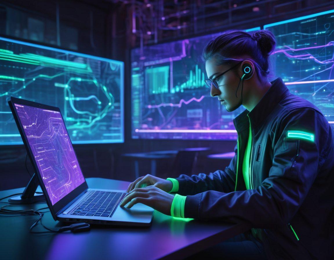 A dynamic and interactive scene showcasing a network engineer analyzing digital graphs and charts, illustrating bandwidth measurement and connection quality. Include multiple devices like routers and laptops with glowing connections, symbolizing data flow. The background features a high-tech, abstract representation of a network with vibrant colors flowing through it. super-realistic. vibrant colors. cyberpunk.