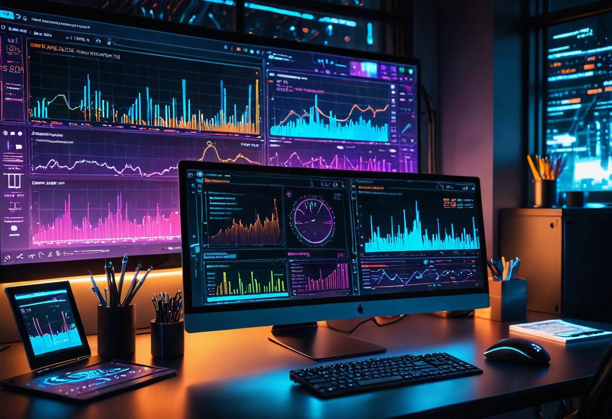 A futuristic workspace featuring a computer screen with speed analysis graphs and testing tools in action. The background bustling with elements of web performance metrics, codes, and gears symbolizing optimization. Include a magnifying glass focusing on data points to illustrate analysis. Use a palette of vibrant colors for an energetic feel. 3D. cyberpunk.