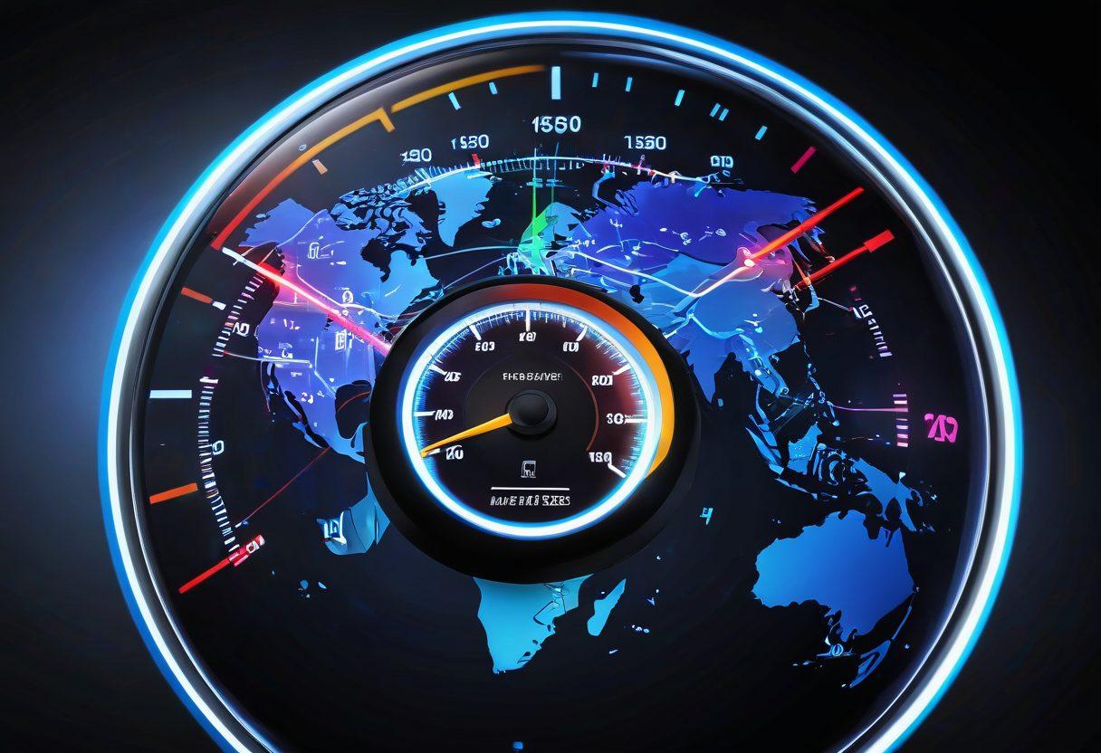 A dynamic visualization of a digital speedometer illustrating internet speed metrics, overlaid on a globe representing global connectivity. Include elements like streaming videos, gaming icons, and network signals radiating outward to depict performance testing. The background should be a blend of tech-inspired patterns with bright, engaging colors to emphasize speed and efficiency. super-realistic. vibrant colors. digital art.